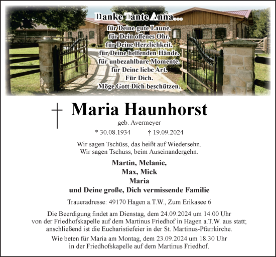 Traueranzeige von Maria Haunhorst von Neue Osnabrücker Zeitung GmbH & Co. KG