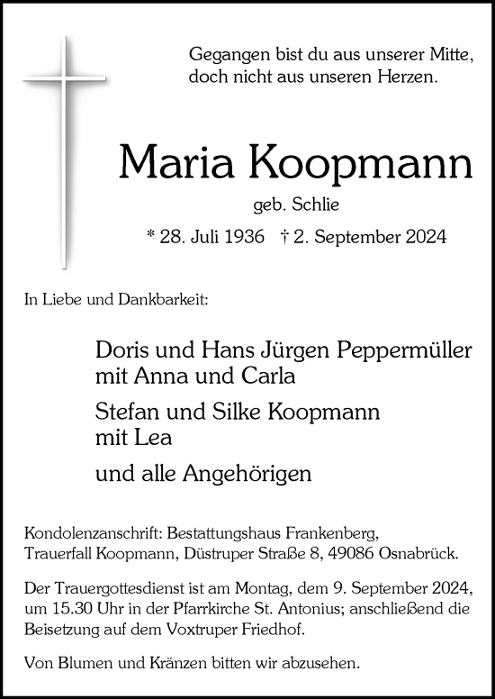 Traueranzeige von Maria Koopmann von Neue Osnabrücker Zeitung GmbH & Co. KG