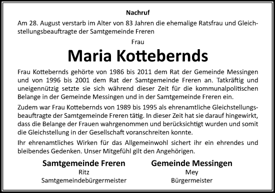 Traueranzeige von Maria Kottebernds von Neue Osnabrücker Zeitung GmbH & Co. KG