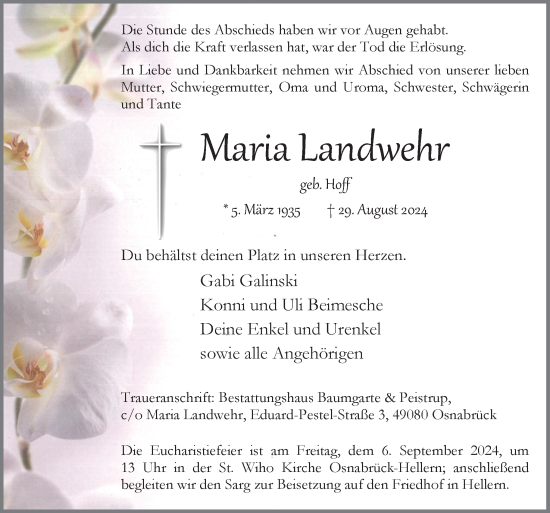 Traueranzeige von Maria Landwehr von Neue Osnabrücker Zeitung GmbH & Co. KG