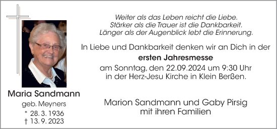 Traueranzeige von Maria Sandmann von Neue Osnabrücker Zeitung GmbH & Co. KG