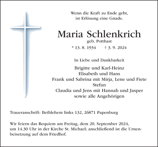 Traueranzeige von Maria Schlenkrich von Neue Osnabrücker Zeitung GmbH & Co. KG