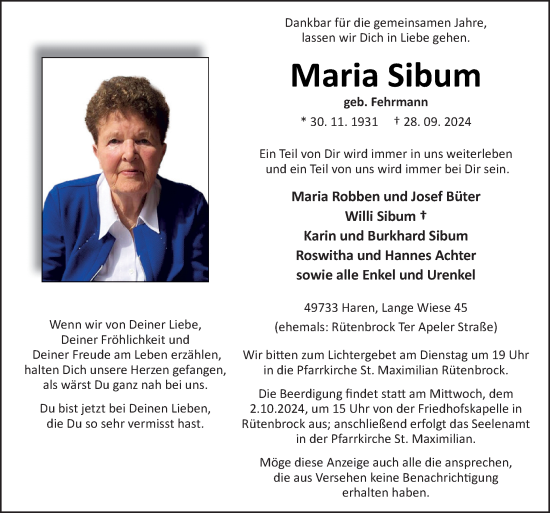 Traueranzeige von Maria Sibum von Neue Osnabrücker Zeitung GmbH & Co. KG