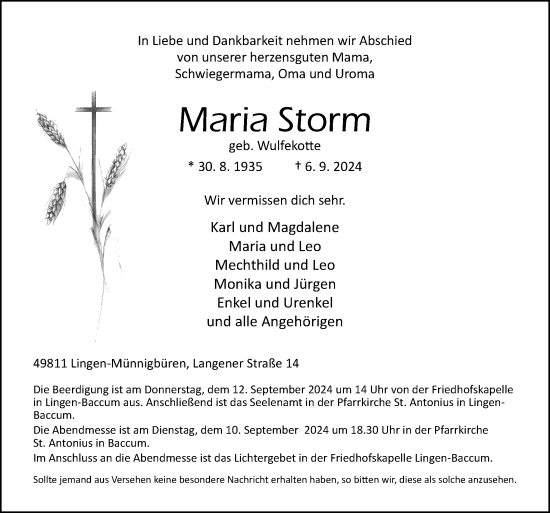 Traueranzeige von Maria Storm von Neue Osnabrücker Zeitung GmbH & Co. KG