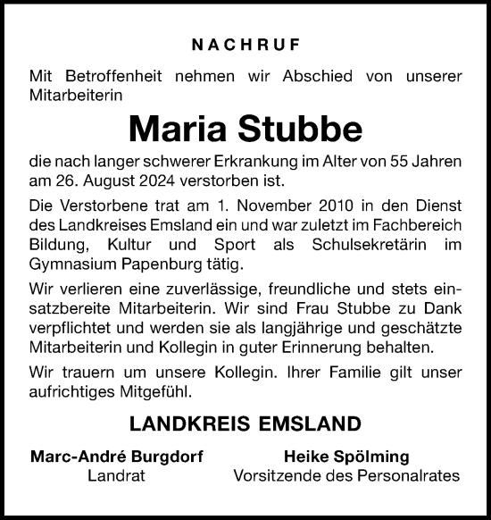 Traueranzeige von Maria Stubbe von Neue Osnabrücker Zeitung GmbH & Co. KG