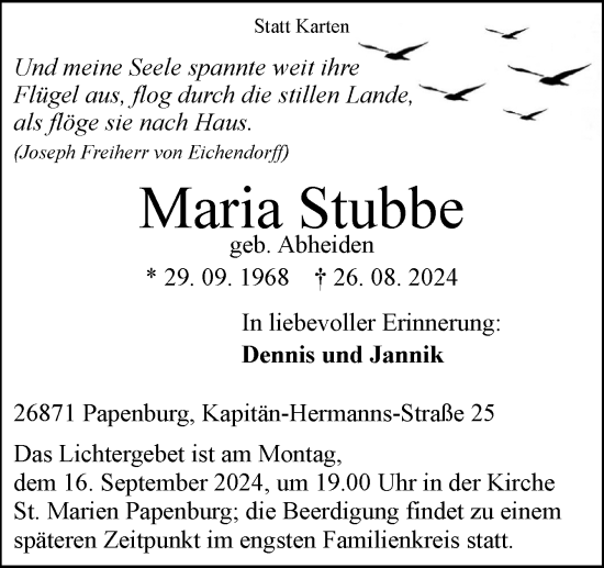 Traueranzeige von Maria Stubbe von Neue Osnabrücker Zeitung GmbH & Co. KG