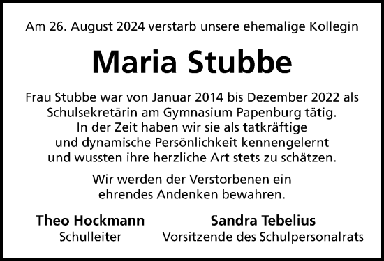 Traueranzeige von Maria Stubbe von Neue Osnabrücker Zeitung GmbH & Co. KG