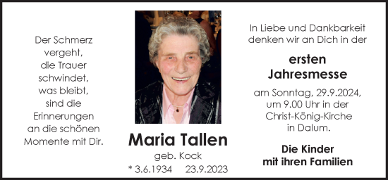 Traueranzeige von Maria Tallen von Neue Osnabrücker Zeitung GmbH & Co. KG