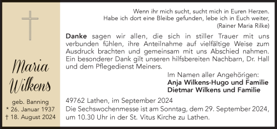 Traueranzeige von Maria Wilkens von Neue Osnabrücker Zeitung GmbH & Co. KG