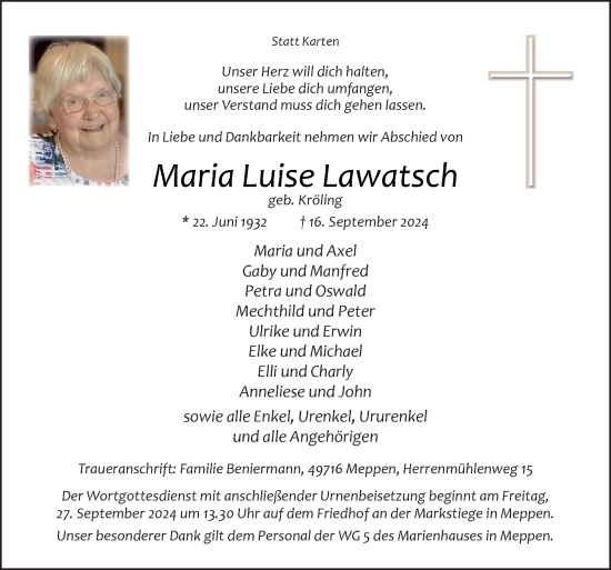 Traueranzeige von Maria Luise Lawatsch von Neue Osnabrücker Zeitung GmbH & Co. KG