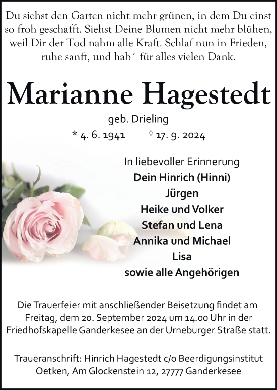 Traueranzeige von Marianne Hagestedt von DK Medien GmbH & Co. KG