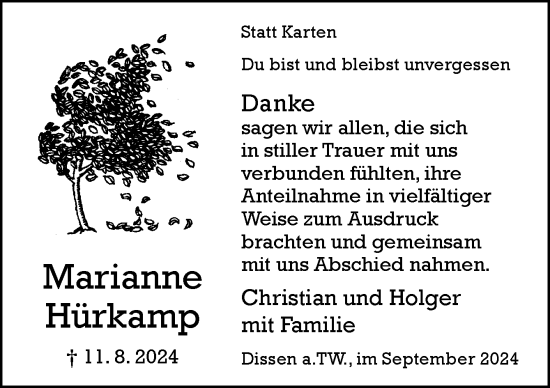 Traueranzeige von Marianne Hürkamp von Neue Osnabrücker Zeitung GmbH & Co. KG