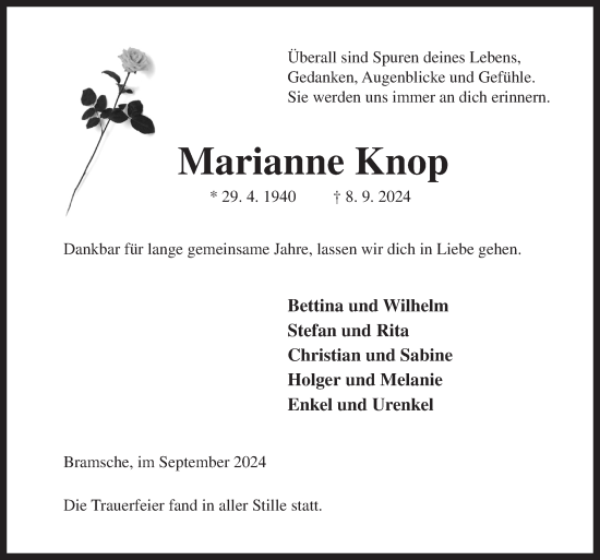 Traueranzeige von Marianne Knop von Neue Osnabrücker Zeitung GmbH & Co. KG