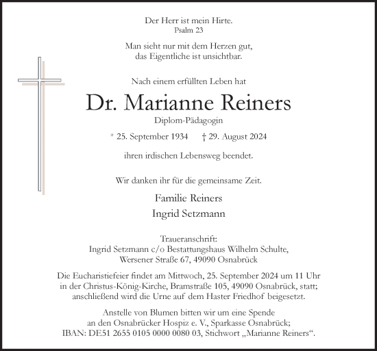 Traueranzeige von Marianne Reiners von Neue Osnabrücker Zeitung GmbH & Co. KG