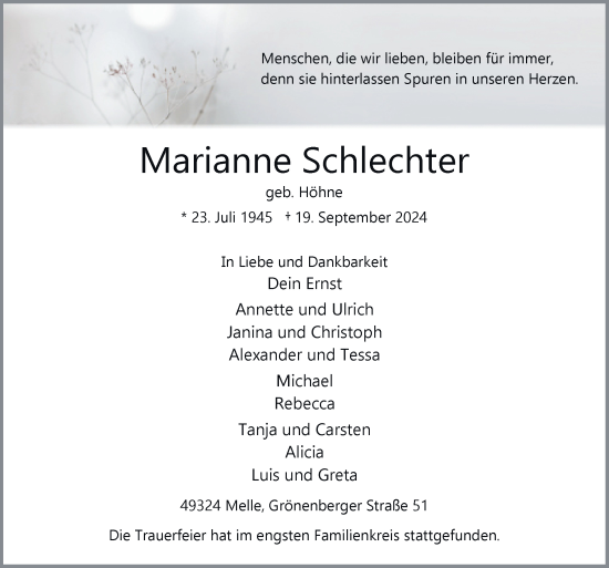 Traueranzeige von Marianne Schlechter von Neue Osnabrücker Zeitung GmbH & Co. KG