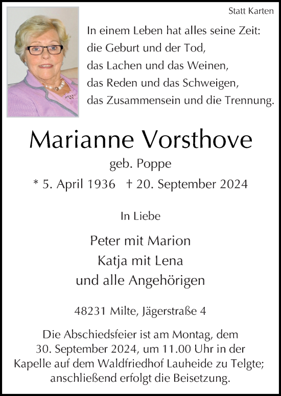 Traueranzeige von Marianne Vorsthove von Neue Osnabrücker Zeitung GmbH & Co. KG