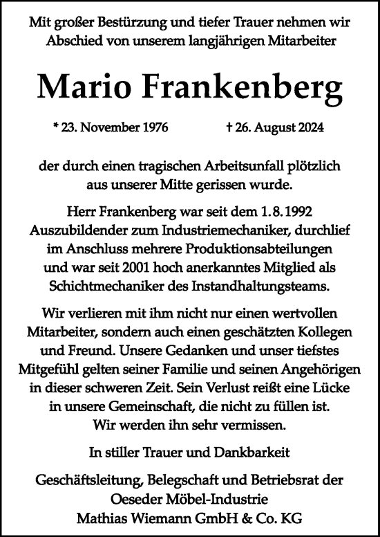 Traueranzeige von Mario Frankenberg von Neue Osnabrücker Zeitung GmbH & Co. KG