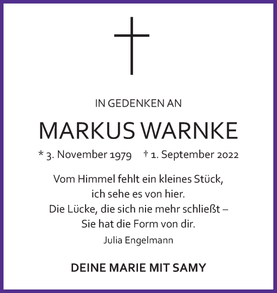 Traueranzeige von Markus Warnke von Neue Osnabrücker Zeitung GmbH & Co. KG