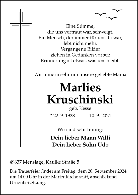 Traueranzeige von Marlies Kruschinski von Neue Osnabrücker Zeitung GmbH & Co. KG