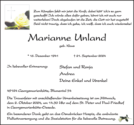 Traueranzeige von Marrianne Unland von Neue Osnabrücker Zeitung GmbH & Co. KG