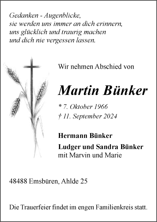 Traueranzeige von Martin Bünker von Neue Osnabrücker Zeitung GmbH & Co. KG