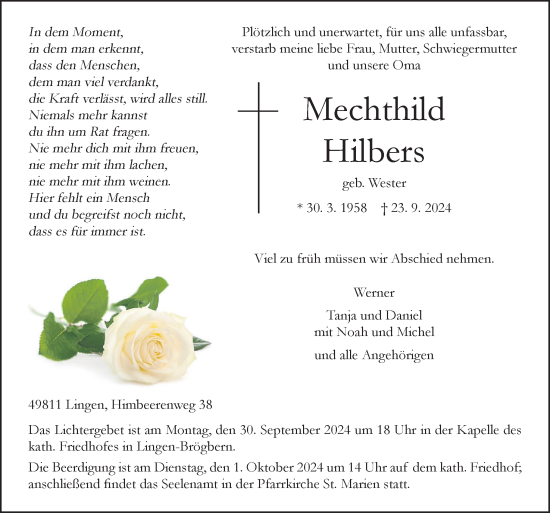 Traueranzeige von Mechthild Hilbers von Neue Osnabrücker Zeitung GmbH & Co. KG