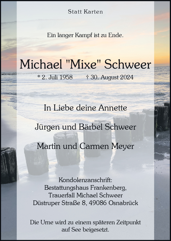  Traueranzeige für Michael Schweer vom 07.09.2024 aus Neue Osnabrücker Zeitung GmbH & Co. KG