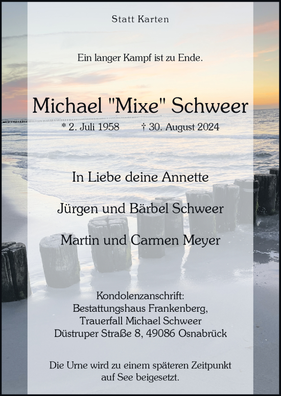 Traueranzeige von Michael Schweer von Neue Osnabrücker Zeitung GmbH & Co. KG