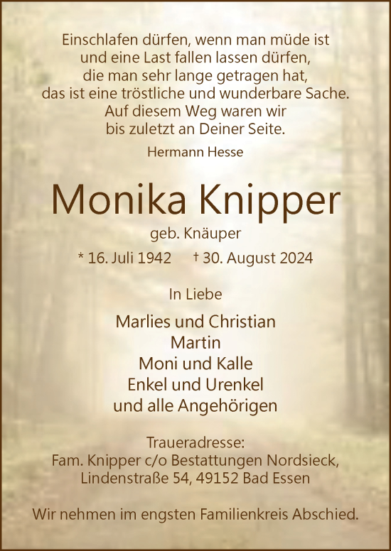 Traueranzeige von Monika Knipper von Neue Osnabrücker Zeitung GmbH & Co. KG