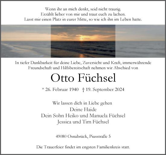 Traueranzeige von Otto Füchsel von Neue Osnabrücker Zeitung GmbH & Co. KG