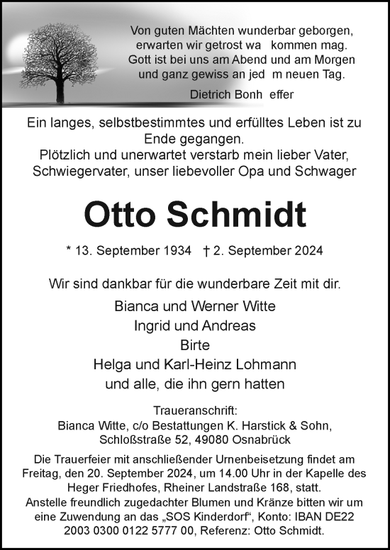 Traueranzeige von Otto Schmidt von Neue Osnabrücker Zeitung GmbH & Co. KG