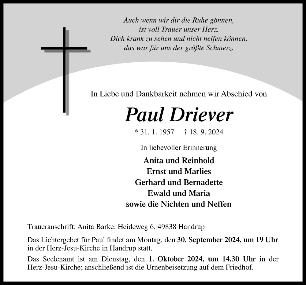  Traueranzeige für Paul Driever vom 21.09.2024 aus Neue Osnabrücker Zeitung GmbH & Co. KG