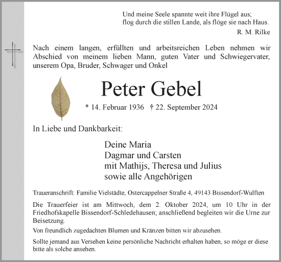 Traueranzeige von Peter Gebel von Neue Osnabrücker Zeitung GmbH & Co. KG