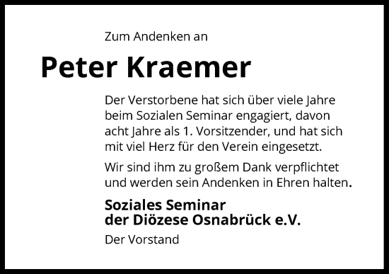 Traueranzeige von Peter Kraemer von Neue Osnabrücker Zeitung GmbH & Co. KG