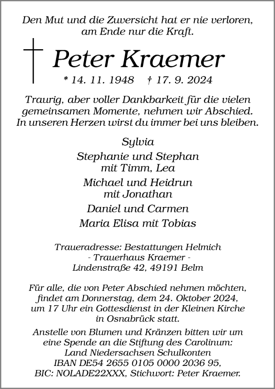 Traueranzeige von Peter Kraemer von Neue Osnabrücker Zeitung GmbH & Co. KG