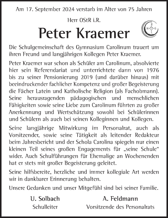 Traueranzeige von Peter Kraemer von Neue Osnabrücker Zeitung GmbH & Co. KG