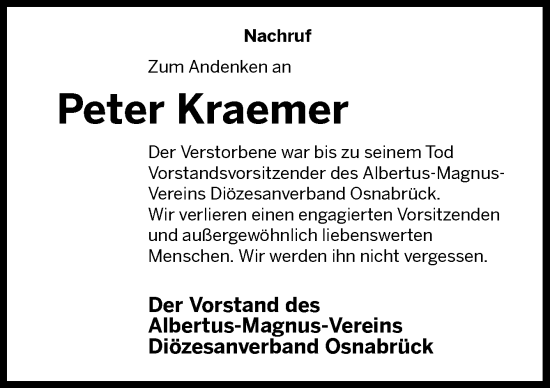 Traueranzeige von Peter Kraemer von Neue Osnabrücker Zeitung GmbH & Co. KG