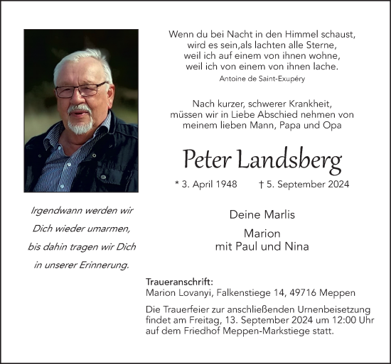 Traueranzeige von Peter Landsberg von Neue Osnabrücker Zeitung GmbH & Co. KG