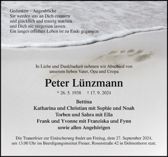 Traueranzeige von Peter Lünzmann von DK Medien GmbH & Co. KG