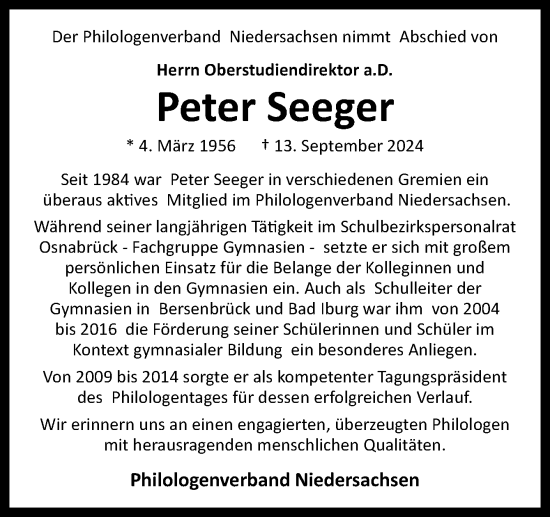 Traueranzeige von Peter Seeger von Neue Osnabrücker Zeitung GmbH & Co. KG