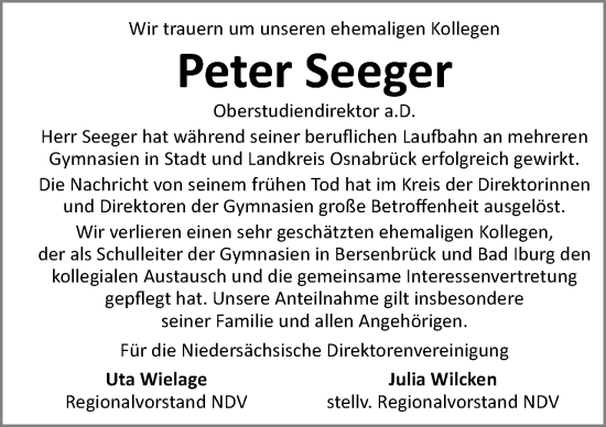 Traueranzeige von Peter Seeger von Neue Osnabrücker Zeitung GmbH & Co. KG