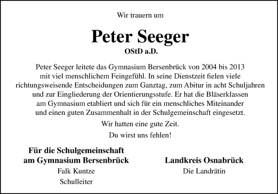 Traueranzeige von Peter Seeger von Neue Osnabrücker Zeitung GmbH & Co. KG