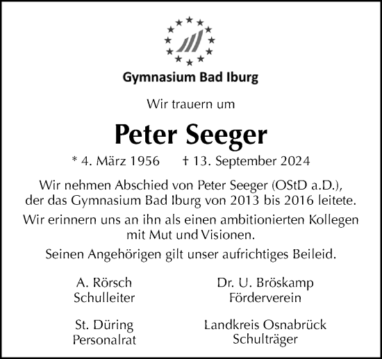 Traueranzeige von Peter Seeger von Neue Osnabrücker Zeitung GmbH & Co. KG