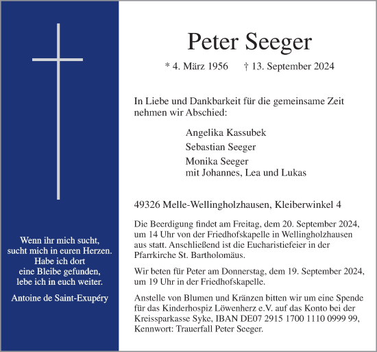 Traueranzeige von Peter Seeger von Neue Osnabrücker Zeitung GmbH & Co. KG