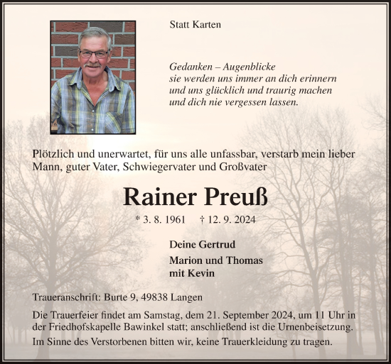 Traueranzeige von Rainer Preuß von Neue Osnabrücker Zeitung GmbH & Co. KG