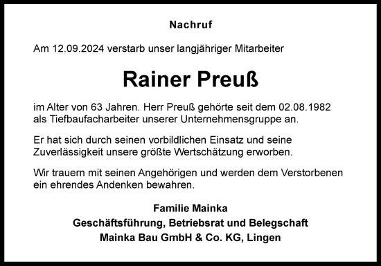 Traueranzeige von Rainer Preuß von Neue Osnabrücker Zeitung GmbH & Co. KG