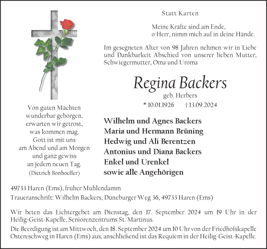 Traueranzeige von Regina Backers von Neue Osnabrücker Zeitung GmbH & Co. KG