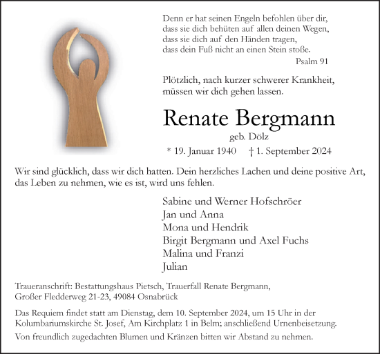 Traueranzeige von Renate Bergmann von Neue Osnabrücker Zeitung GmbH & Co. KG