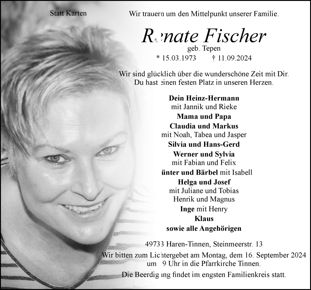  Traueranzeige für Renate Fischer vom 14.09.2024 aus Neue Osnabrücker Zeitung GmbH & Co. KG