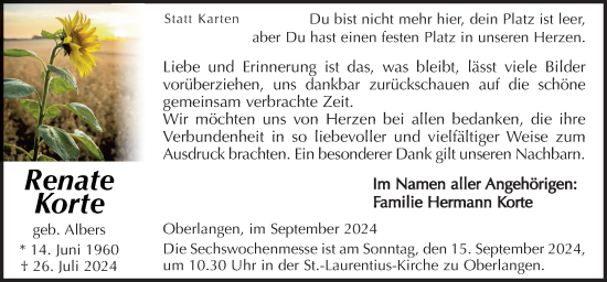 Traueranzeige von Renate Korte von Neue Osnabrücker Zeitung GmbH & Co. KG